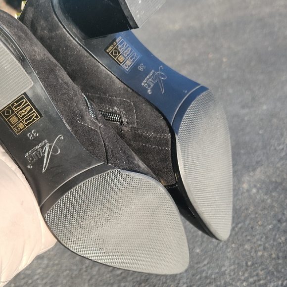 Black Suede Mid-Calf Heeled Boots with Gold Cap Toe and Stud Trim - Picture 11 of 16